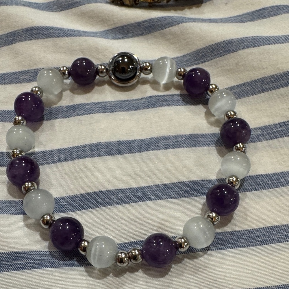 Buddha Stones Natural Amethyst White Cat's Eye Beads Balance Bracelet